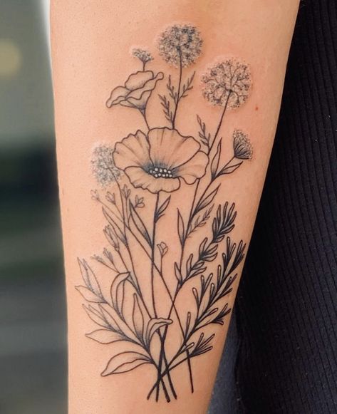 Alaska Flower Tattoo, Wildflower And Barley Tattoo, Wildflower Shoulder Tattoos For Women, Alaska Wildflowers Tattoo, Colorado Wildflowers Tattoo, Alaskan Wildflowers Tattoo, Paintbrush Tattoo, Herb Tattoo, Collage Tattoo