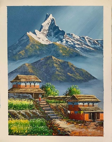 Nepal Painting Acrylic, Nepali Landscape Painting, Nepal Landscape Painting, Nepal Art Painting, Pahadi Paintings, Village Painting Indian Landscape, Village Painting Indian, Indian Landscape Paintings, Nepali Painting