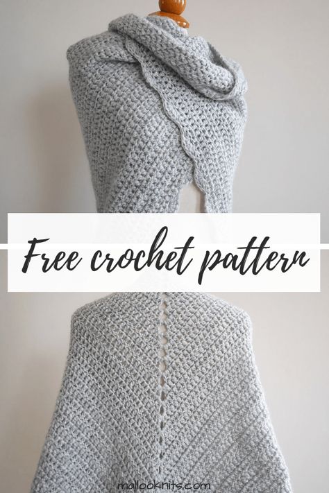 Beginner triangle shawl free crochet pattern - mallooknits.com Easy Crochet Shawl Pattern, Easy Crochet Shawl, Crochet Triangle Shawl Pattern, Crochet Prayer Shawls, Crochet Shawl Patterns, One Skein Crochet, Crochet Shawl Free, Crochet Wraps, Crocheted Shawl