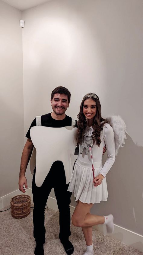 Tooth Fairy Family Costume, Halloween Costume Toothfairy, Tooth And Tooth Fairy Costume, Toothbrush And Toothpaste Costume, Tooth Costume Diy, Toothfairy Dentist Costume, Tooth Fairy Couple Costume, Fairy Costume Couple, Tooth Fairy Ideas Costume