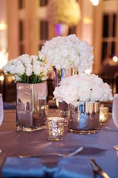 Dripped metal vases are a unique take on mirrored centerpieces. White Wedding Centerpieces, Deco Floral, Vase Centerpieces, Flower Centerpieces, Vintage Modern, Decoration Table, Gold Wedding, Wedding Centerpieces, Event Decor