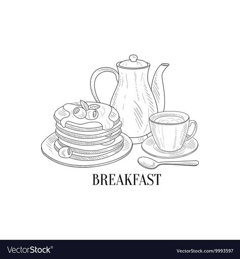 Breakfast With Pancakes, Breakfast Sketch, Breakfast Drawing, Baking Drawing, Breakfast Illustration, Speed Draw, Cool Easy Drawings, Plate Drawing, Mini Toile