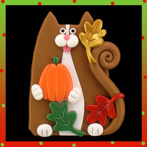 Bronze Tuxedo Kitty Cat, Pumpkin & Autumn Leaves Kitty Cat Pumpkin, Cat Pottery, Polymer Clay Cat, Cat Wallpapers, Stained Glass Quilt, Dough Ornaments, Polymer Clay Ornaments, Pumpkin Autumn, Ceramic Texture