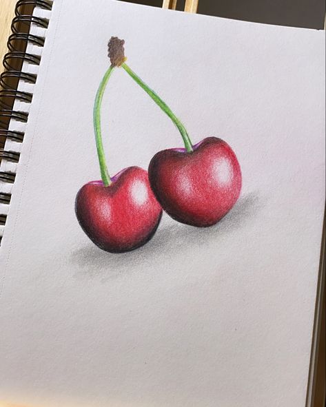 Cherry drawing Cherry Colored Pencil Drawing, Nectarine Drawing, Cherry Art Drawing, Cherry Drawing Aesthetic, Headphone Sketch, Color Markers Art, Cherry Drawing, Colored Pencil Drawings, Prismacolor Art