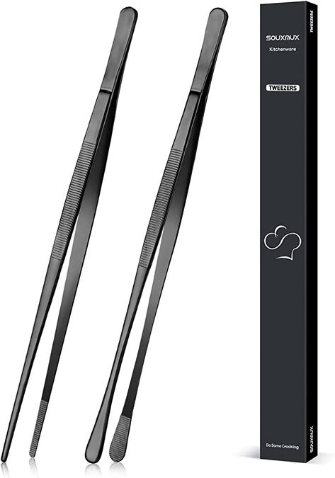 Amazon.com: 2 Pcs 12-inch Cooking Tweezers Tongs Precision Serrated Tips, Stainless Steel Professional Chef Tweezer Kitchen Tools for BBQ, Plating and Serving (Black): Home & Kitchen Bbq Plating, Kitchen Tweezers, Kitchen Instruments, Plant Maintenance, Chef Tools, Tongs Kitchen, Metal Kitchen, Small Meals, Professional Chef