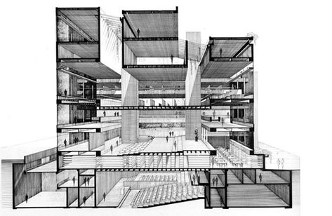 Yale University Art and Architecture Building: Section Perspective. - Paul Rudolph Paul Rudolph Architecture, Drawing Of A Building, Architectural Sections, Yale Architecture, Sectional Perspective, Perspective Architecture, Paul Rudolph, Sketch Architecture, Architecture Graphics