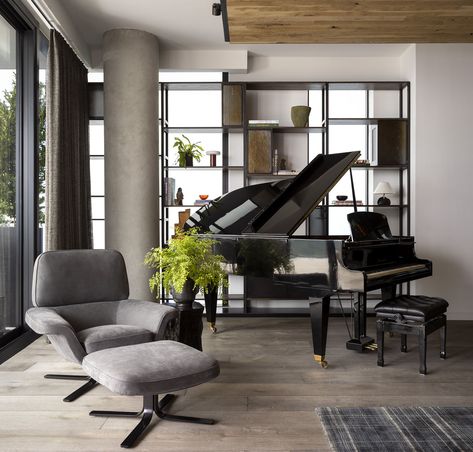 Living Room With Grand Piano, Room With Grand Piano, Piano Room Design, Grand Piano Room, Piano Living Rooms, Piano Lounge, Austin Interior Design, Downtown Living, Grey Lounge Chair