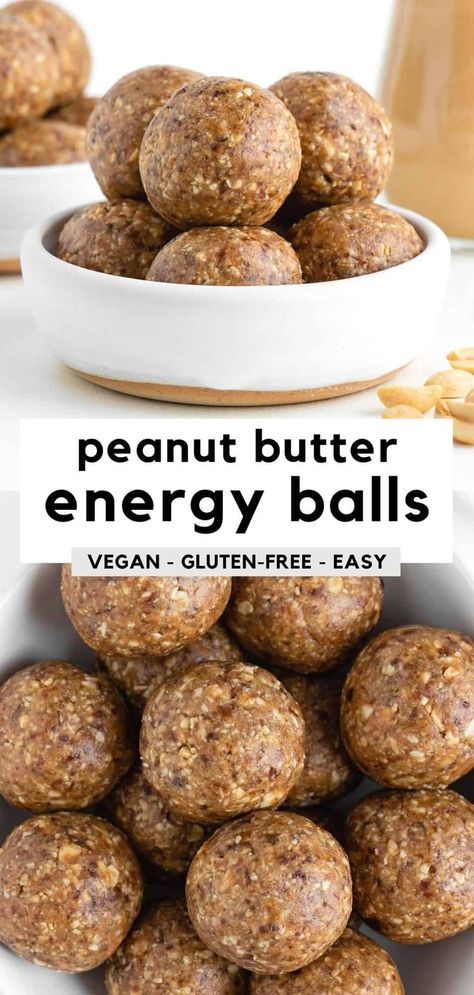 Peanut butter energy balls are healthy, no bake, vegan, and gluten-free! This is one of the best easy snack ideas for kids and for adults. These energy bites are made with 5 ingredients including dates, peanut butter, and oats. You will love this quick on the go snack recipe! It's ready in just 10 minutes. #energyballs #energybites #snackrecipes #snackideas #veganrecipe #dates #peanutbutter #oats #healthysnack #oatmeal #snack Peanut Butter Energy Balls, Energy Balls Healthy, Energy Ball Recipe, Quick Dessert, Kids Meal, Sugar Free Vegan, Full Of Energy, Lunch Box Snacks, Vegan Peanut Butter