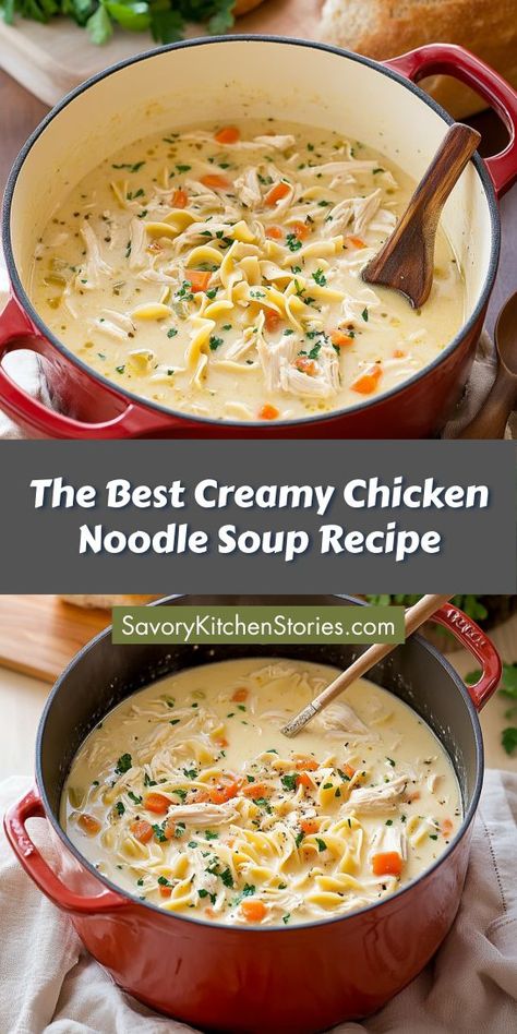 Elevate your soup game with our Best Creamy Chicken Noodle Soup Recipe! This creamy, dreamy dish combines juicy chicken, fresh herbs, and soft noodles for a comforting meal that's easy to whip up. Perfect for weeknight dinners or cozy gatherings, it’s a delicious way to warm up! Best Creamy Chicken Noodle Soup, Easy Creamy Chicken Noodle Soup, Savory Noodles, Creamy Chicken Noodle Soup Recipe, Creamy Chicken And Noodles, Easy Creamy Chicken, Chicken Soup Recipes Homemade, Best Chicken Noodle Soup, Creamy Chicken Noodle