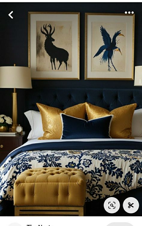 Blue Black Bedroom, Navy Blue And Gold Bedroom, Midnight Blue Bedroom, Gold Bedroom Ideas, Navy Room, Grey And Gold Bedroom, Blue And Gold Bedroom, Glamorous Bedroom, Rose Gold Bedroom