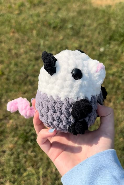 crochet crocheted handmade plush plushie plushy possum opps Crochet Patterns For Plush Yarn, Small Plush Crochet, Possum Crochet Pattern Free, Opossum Crochet Pattern Free, Crochet Possum Free Pattern, Possum Crochet Pattern, Small Crochet Plush, Possum Crochet, Possum Plush