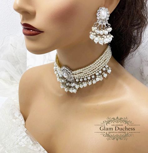 Jewelry for Bride, Indian Bridal Jewelry Set, Victorian Pearl Choker Necklace Earrings, Kundan Jewelry, Ivory Pearl Choker statement Set by GlamDuchess on Etsy Luxury Traditional Bridal Choker Necklace, White Pearl Choker Necklace Indian, Traditional Pearl Choker For Wedding, Luxury Traditional Choker Bridal Necklace, Traditional Bridal Pearl Choker Necklace, Pearl Kundan Choker Necklace For Gift, Prom Jewelry Sets, White Choker Necklace, Pink Jewelry Set