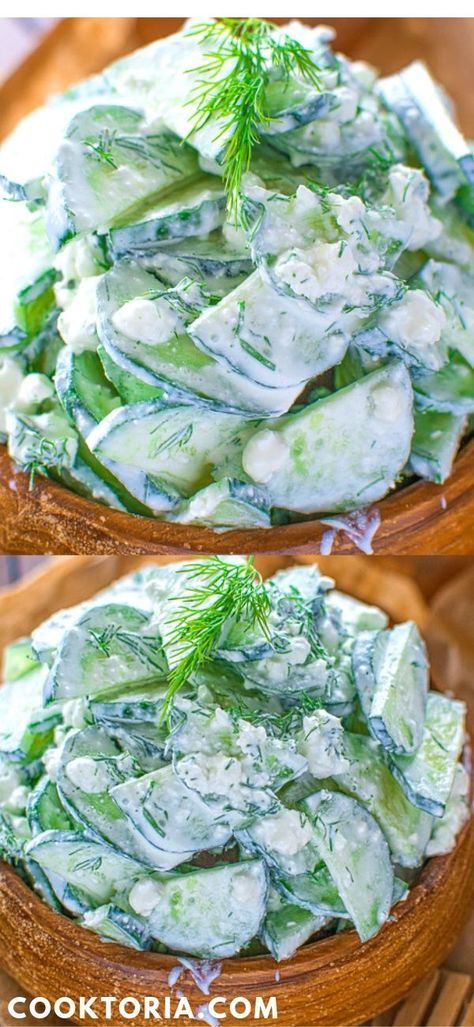 Simple salad made with cucumbers and feta cheese. FOLLOW Cooktoria for more deliciousness! #cucumbers #feta #salad #summer #healthyrecipe #recipeoftheday #yummy #tasty Cucumber Feta Salad, Salad Summer, Creamy Cucumbers, Feta Recipes, Simple Salad, Cucumber Recipes, Feta Salad, Salad Side Dishes, Salad Bar