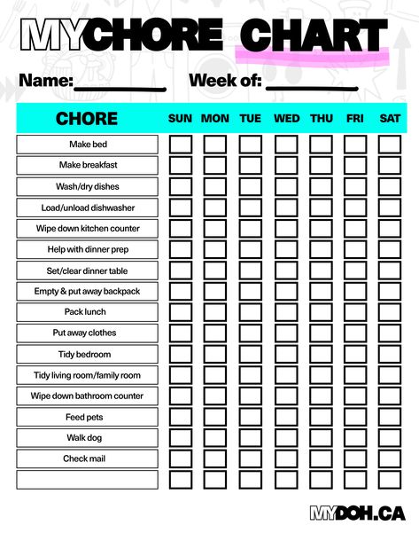 Family Chore Chart Ideas Daily Routines, Teenage Chores, Weekly Chore List, Free Printable Chore Charts, Chores Chart, Daily Chore Charts, Chore Checklist, Check Mail, Chore Chart Template