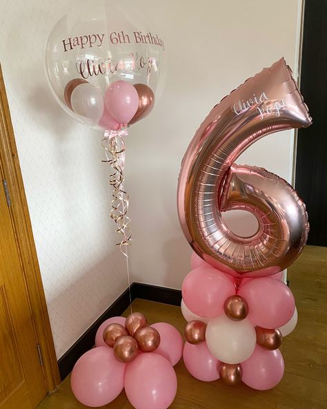 Pink, white and rose gols theme - 6 today💖💖 #personalisedballoon #numbertower #balloontower #balloonnumber #6thbirthday #birthdayballoons Birthday Surprise Husband, Balloon Design For Birthday, Barbie Party Decorations, 6th Birthday Cakes, Balloon Tower, Barbie Theme Party, Kids Themed Birthday Parties, Balloon Display, Personalized Balloons