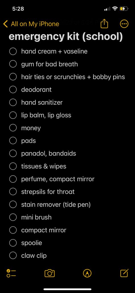 Stuff To Put In Your School Bag, School Self Care Kit, School Care Bag, What To Keep In Emergency Kit For School, Whats In My Bag High School, Whats In My Bag School List, Emergency Kit For Elementary School, Things To Put In Your Purse For School, Essentials Bag For School