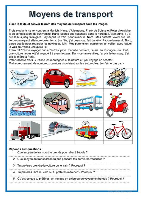 Moyens de transport - Français Fle Fiches Pedagogiques Vocabulary Meaning, Means Of Transport, French Worksheets, School Grades, Teaching French, English Grammar, A Train, Life Skills, English Language