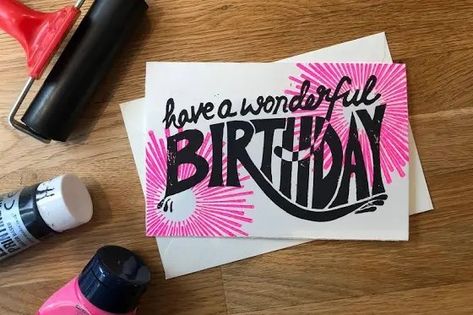 Neon Birthday, Lino Prints, Card And Envelope, Lino Print, Mold Making, Linocut, Birthday Greeting Cards, I Card, Paper Greeting Cards