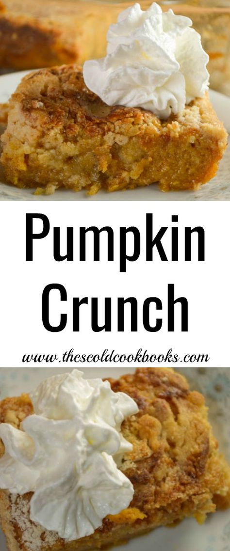 With a crisp topping and a dollop of whipped cream, this Pumpkin Crunch - made with a cake mix - is a perfect dessert for a crowd. Yellow Cake Mix Desserts, Pumpkin Crunch Recipe, Pumpkin Pie Crunch, Yellow Cake Mix Recipes, Pumpkin Cobbler, Crisp Topping, Pumpkin Crisp, Pumpkin Crunch Cake, Dessert Halloween