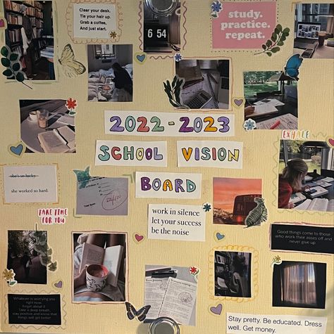 Aesthetic School Board Decoration, Notice Board Decoration Ideas School Aesthetic, Charter School Aesthetic, School Vision Board Aesthetic, Vision Board For School, Freshman Year Aesthetic, School Mood Board, Pin Board Ideas Aesthetic, School Vision Board