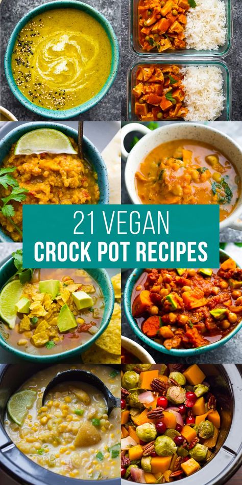 image graphic with text reading: 21 vegan crock pot recipes Vegan Crock Pot Recipes, Vegan Crock Pot, Vegan Slow Cooker Recipes, Vegan Crockpot Recipes, Vegan Crockpot, Vegan Slow Cooker, Image Graphic, Crock Pot Recipes, Diet Vegetarian