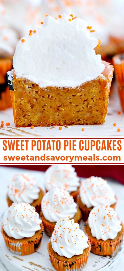 Sweet Potato Pie Cupcakes are the perfect seasonal dessert for fall parties and Thanksgiving! The cupcakes are moist and full of fall flavors and spices! #sweetpotatoes #cupcakes #sweetpotatopie #thanksgiving #sweetandsavorymeals Thanksgiving Desserts Pie, Dessert For Fall, Sweet Potato Cupcakes, Thanksgiving Desserts Kids, Thanksgiving Cupcakes, Fall Parties, Pie Cupcakes, Fall Cupcakes, Seasonal Desserts