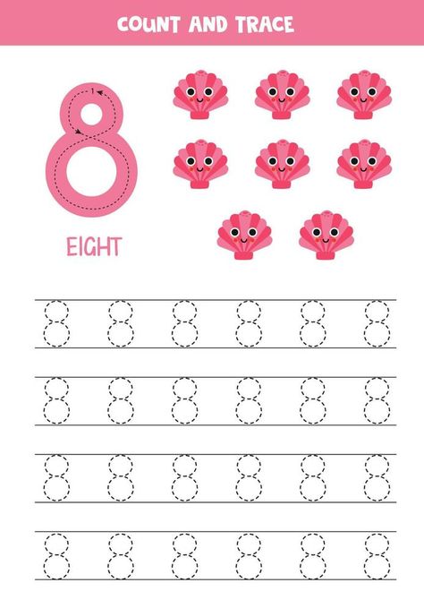 Number 8 Worksheets For Preschool, Number 8 Worksheet, Cute Seashell, Trace Numbers, Preschool Activities Printable, Tofu Salad, Number Eight, Printable Numbers, Number 8