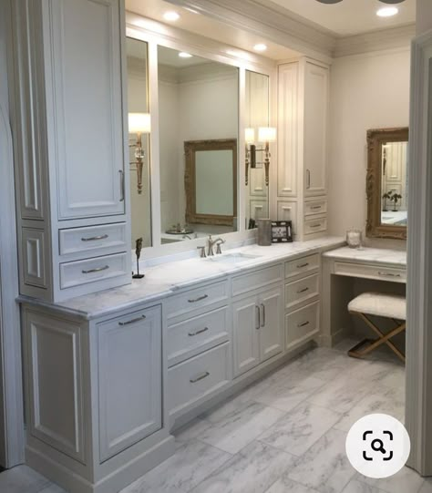 Double Vanity With Center Linen Cabinet, Vanity With Cabinet On Side, Bathroom Counter Storage Tower, Bathroom Tower, Floor To Ceiling Cabinets, Bathroom With Makeup Vanity, Large Vanity, Primary Bathroom, Bathroom Linen Cabinet