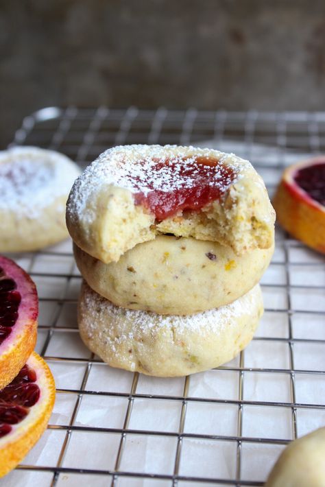 #bloodorange #cookies #thumbprintcookies #bake #baker #baking #easyrecipe Orange Thumbprint Cookies, Texas Cookies, Blood Orange Curd, Roasted Pistachios, Orange Curd, Caramel Pears, Curd Filling, Orange Jam, Bite Size Cookies