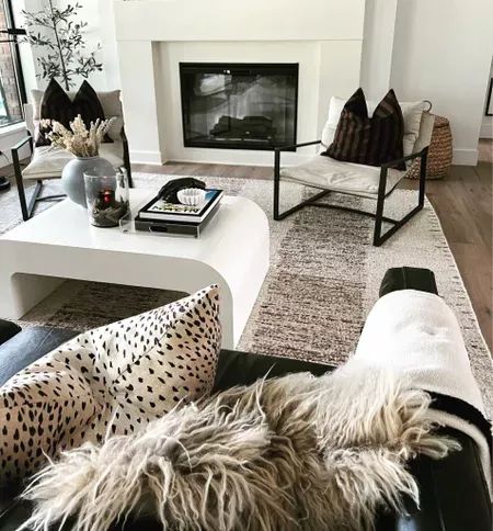 Leather Sling Chair, Chair Living Room, Rug Studio, Leather Chesterfield, Lulu And Georgia, Striped Pillow, Studio Mcgee, Sling Chair, House Goals