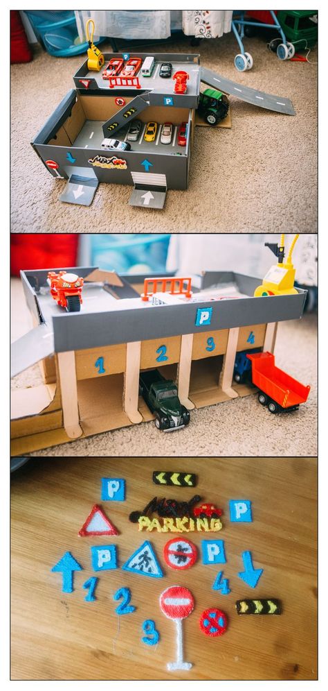 Cardboard Shoes, Cardboard Cars, Toy Car Garage, Auto Garage, Cardboard Car, Cardboard Toys, Diy Kids Toys, Toddler Fun, Diy Cardboard