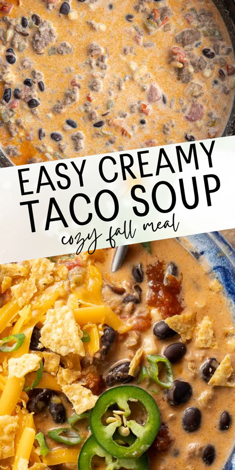 This Creamy Taco Soup is the perfect fall recipe! This easy soup is ready in 30 minutes and uses simple pantry staples. This comfort food is great for weeknights, parties, potlucks, and more! New Taco Soup, Easy Stovetop Soup Recipes, Creamy Beef Taco Soup Crock Pot, Creamy Soup With Ground Beef, Easy Instapot Soups, Quick Taco Soup, Taco Soup Can Recipe, Taco Soup With Cream Cheese Ground Beef, Velveeta Taco Soup