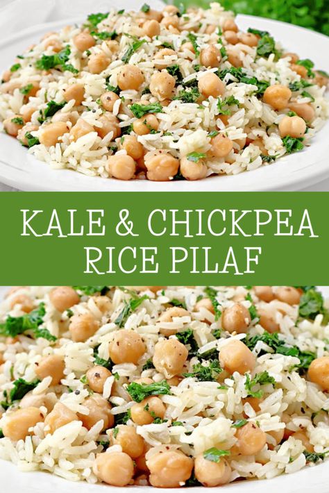 Kale and Chickpea Rice Pilaf ~ Earthy kale, hearty chickpeas, and fragrant Jasmine rice in an easy, well-balanced dish that's as nutritious as it is flavorful. Kale Rice Recipes, Kale Rice, Chickpea Rice, Clean Eating Side Dishes, Ballin On A Budget, Vegan Rice, Vegan Thanksgiving Recipes, Simple Green Salad, Kale Recipes