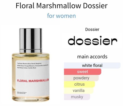 Dossier Gourmand White Flowers, Dossier Floral Marshmallow, Best Dossier Perfume, Marshmallow Body Care, Perfume Accords, Floral Marshmallow, Marshmallow Fragrance, Marshmallow Perfume, Perfume Wishlist