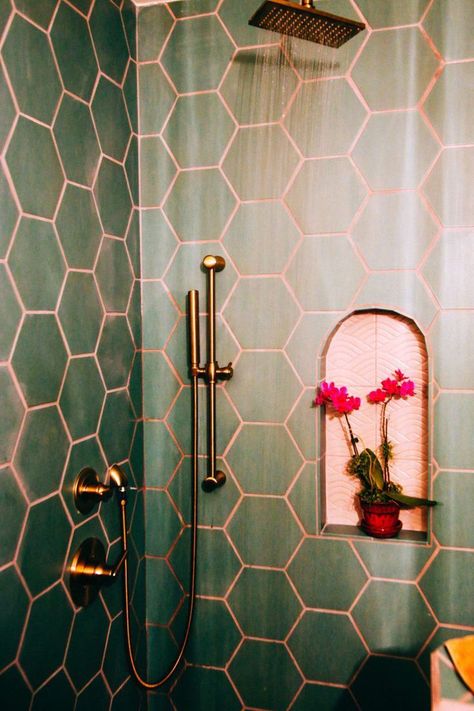 Stunning! This is an updated 80's bathroom with the pink & green and gold fixtures. There is pink grout in the bathroom. - #hex #tile #bathroom #renovations 80s Bathroom, Gold Fixtures, Bad Inspiration, Pink Tiles, Tile Grout, Small Bathroom Decor, The Shower, Beautiful Bathrooms, Grout