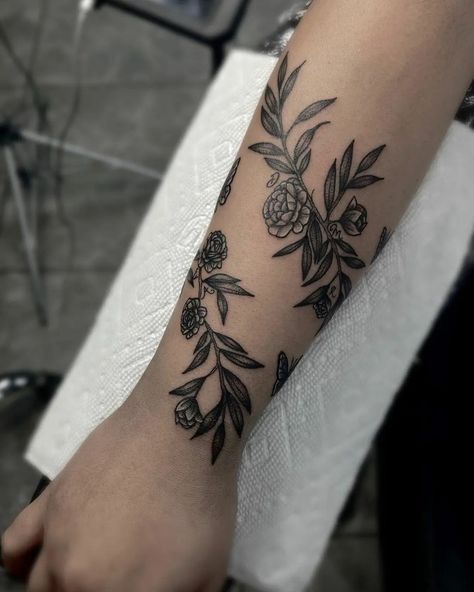 Wrapped Arm Tattoo, Morning Glory Tattoo, Rose Vine Tattoos, Arm Wrap Tattoo, Tree Roots Tattoo, Flower Vine Tattoos, Roots Tattoo, Rose Tattoo Forearm, Around Arm Tattoo