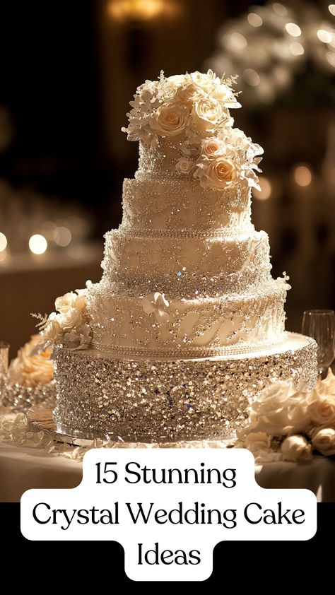 A beautiful crystal wedding cake with sparkling accents, perfect for adding glamour to a wedding celebration. Wedding Cakes With Bling, Crystal Anniversary Cake, Sparkling Wedding Cake, Wedding Cakes Sparkle, Crystal Cake Ideas, Diamond Cake Ideas, Cristal Cake, Gemstone Cake, Geode Wedding Cake