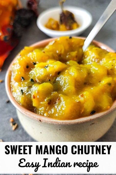 Looking for easy flavorful chutney recipes for your cheeseboards? Try this sweet and sour mango chutney. It's very easy to make and tastes delicious. It goes really well with cheese. Sweet Mango Chutney, Green Mango Chutney, Mango Chutney Recipe, Indian Mango, Indian Side Dishes, Quick Dessert Recipes, Easy Indian Recipes, Mango Chutney, Indian Recipe