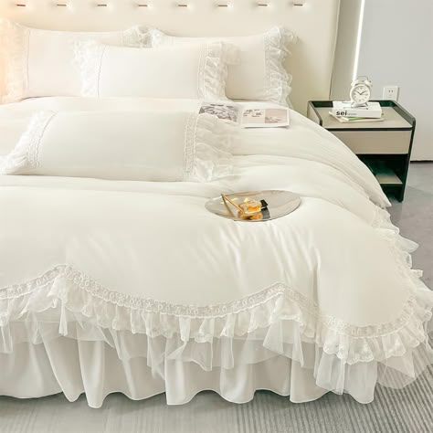 PRICES MAY VARY. ★2 Piece Duvet Cover：The white duvet cover including : 1 *Twin Duvet Cover: 68 X 90 inches +1* Pillow Shams: 20 X 26 inches,NO Including Comforter! ★ Lace Ruffled Design: Lace Ruffled design on the edge of duvet cover and pillowcases ,charming appeal to your bedroom décor.This gorgeous lace princess duvet cover sets will fill your bedroom with romance and sweetness. ★ Polyester Material:Soft, 100% polyester microfiber construction,wrinkle-resistant fabric.Breathable, Comfortable Pink Coquette Bedding, Scalloped Duvet Cover, White Textured Duvet Cover, Cute Bed Spreads Aesthetic, Coquette Bedsheets, Lace Canopy Bed, 1800s Bedroom, Cozy Feminine Bedroom, Pink And White Bedding