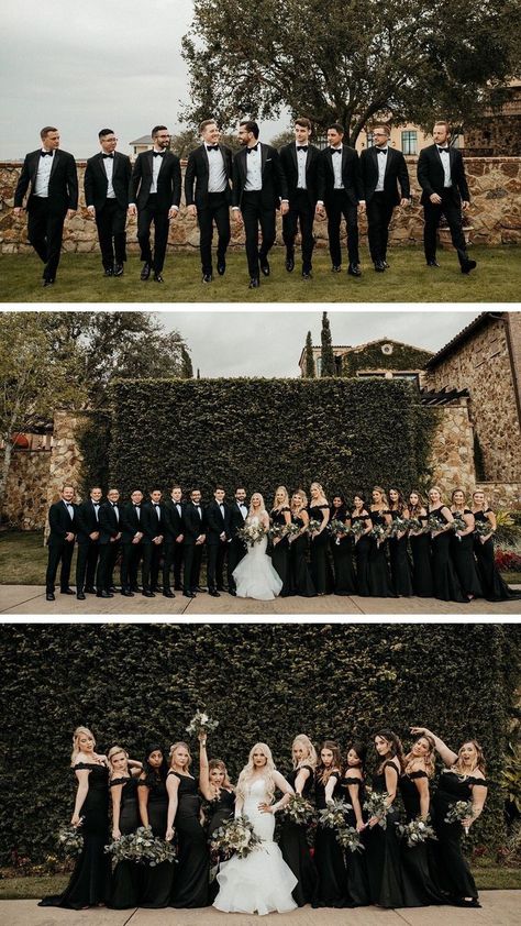 Wedding Party No Jacket, A Lot Of Bridesmaids, All Black Wedding Party Bridesmaid Dress, Huge Bridal Party, 9 Bridesmaids And Groomsmen, Black Color Bridal Party, Black And White Wedding Party Pictures, Bridal Party Dressed In Black, Huge Wedding Party Photos