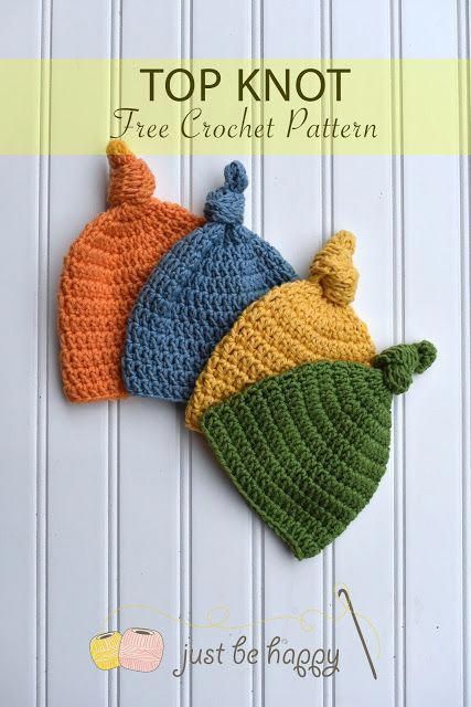 Just be happy!: Top Knot Hat - Free Crochet Pattern #CoolHats Crochet Baby Cap, Crochet Hats For Boys, Crochet Newborn Hat, Newborn Crochet Patterns, Crochet Baby Beanie, Crochet Baby Hat Patterns, Crocheted Hats, Baby Hat Patterns, Crochet Hat Free