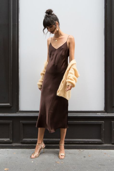 Original Midi Silk Dress - Excess Only Brown Slip Dress Outfit, Party Silk Dress, Elegant Satin Dress, Brown Slip Dress, Midi Silk Dress, Slip Dress Outfit, Chic Party, Midi Slip Dress, Summer Lookbook