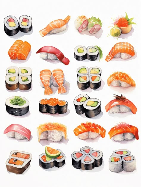 Sushi Illustration Art, Cute Sushi Drawing, Sushi Drawings, Sushi Illustration, Sushi Drawing, Sushi Aesthetic, Noodle Art, Japanese Food Illustration, Sushi Cake