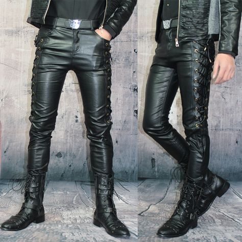 Winter Personality Male Leather Pants Male Slim Leather Pants ... Stil Rock, Punk Style Men, Faux Leather Trousers, Kimberley Garner, Tight Leather Pants, Mens Leather Clothing, White Jeans Men, Mens Leather Pants, Motorcycle Pants