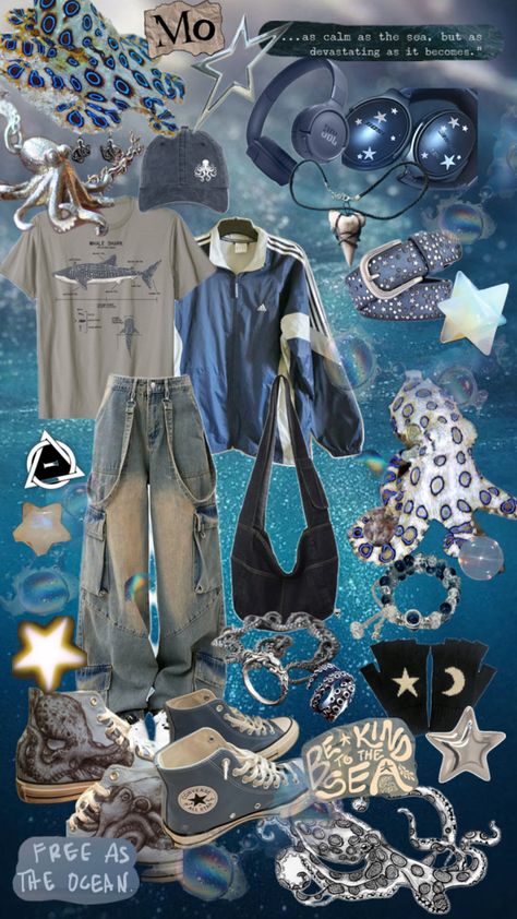 Ocean Clothing Aesthetic, Ocean Grunge Aesthetic Outfits, Shark Core Outfits, Seacore Outfit, Cute Aquarium Outfit, Ocean Core Outfits, Oceancore Outfit, Ocean Aesthetic Outfit, Aquarium Outfit Ideas