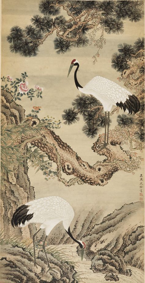 Lot 656 - ‘CRANES’, SCHOOL OF SHEN QUAN (1682-1760) Chinese Crane, Crane Painting, Chinese Folk Art, Art Figures, Japanese Crane, Chinese Painting, Horse Painting, Art Auction, Psych