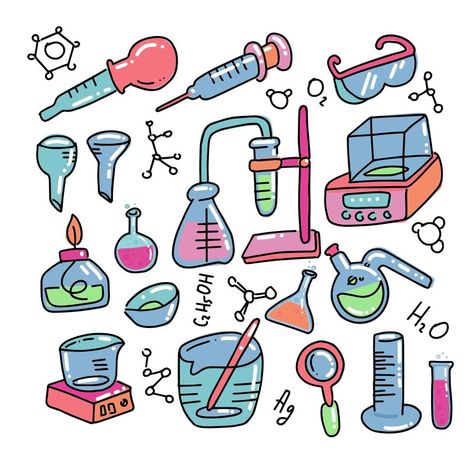 Chemistry decorative color hand drawn icons set with chemical lab scientific experiment equipment isolated vector illustration. Set of laboratory equipment in doodle style. Kid chemistry and science Chemistry Decorations, Laboratory Background, Chemistry Drawing, Lab Experiment, Drawn Icons, Bullet Journal Font, Journal Fonts, Scientific Experiment, Hand Drawn Icons