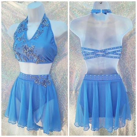 Royal Blue Dance Costumes, Halter Neck Dance Costume, Light Blue Contemporary Dance Costume, Iridescent Dance Costume, Blue Lyrical Costume, Contemporary Dance Outfits, Blues Dance, Pretty Dance Costumes, Contemporary Dance Costumes