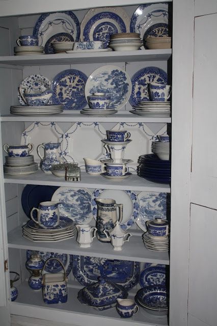 I Have A Big Story To Tell: Out of the Blue Dish Closet, Blue And White Dishes, Blue Willow Dishes, Blue Willow China, China Cabinet Display, Blue Dishes, White Kitchen Decor, Blue White Decor, Blue Transferware