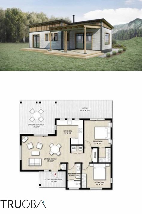 Cabin House Plans | Truoba Mini 217 - 858 sq/ft 2 Bed 1 Bath | Cabin House Plan Home Layout 2 Bedroom, Tiny Home Two Bedroom, Tiny Home Floorplan 2 Bedroom, Small Two Bedroom House Plans, 2 Bedroom Tiny House Floor Plans, Small 2 Bedroom House Plans, Cabin Design Plans, Tiny Home Floor Plan, Tiny House 2 Bedroom